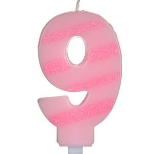 Свещ за торта - цифра 9 - розово райе