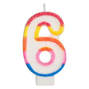 Свещ за торта - цифра 6 - цветна - брокат