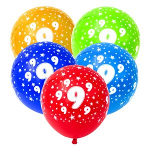 Парти балони - цветни - цифра 9 - 30 см. - 5 бр.