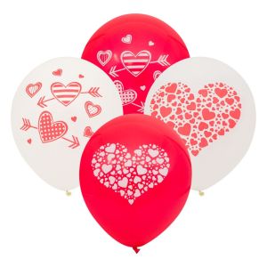 Парти балони - бели и червени - със сърца - 30 см. - 20 бр.