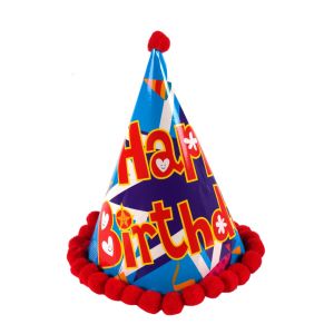 Парти шапка - Happy Birthday - помпони