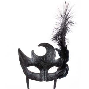 Карнавална маска - домино - черна - перо