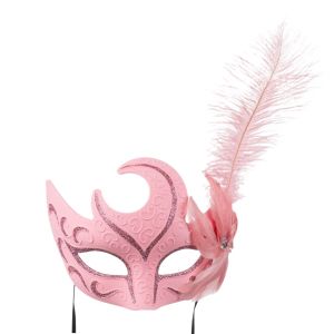 Карнавална маска - домино - розова - перо
