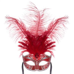 Карнавална маска - домино - червена - пера и брокат