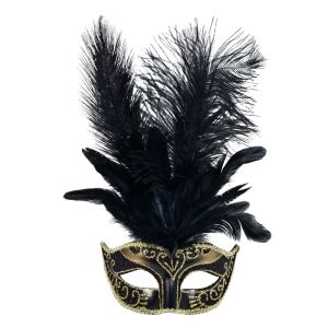Карнавална маска - домино - черна - пера и брокат