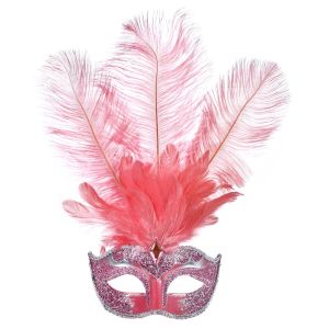 Карнавална маска - домино - розова - пера и брокат