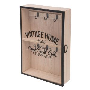 Кутия за ключове със стъклена врата  Представяме Ви кутия за съхранение на ключове, която ще внесе допълнителен стил във вашия дом. Кутията е направена във винтидж стил, а изработката е от висококачествена дървесина в естествен цвят. За допълнително удобс