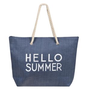 Плажна чанта синя с бял принт - "Здравей Лято" - 55 x 14 x 39 см.