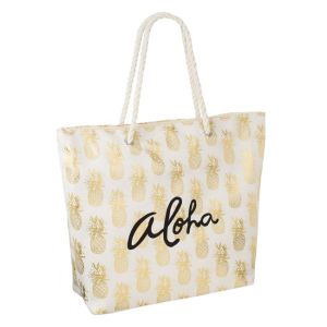 Плажна чанта Златни Ананаси - Надпис "Aloha" - 55 x 15 x 42 см.