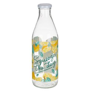 Стъклена бутилка за вода с мотив на лимон  - метална капачка - 1 литър