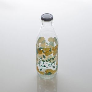 Стъклена бутилка за вода с мотив на лимон  - метална капачка - 1 литър