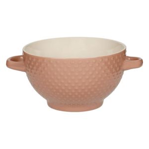 Керамична купа за супа - Розови релефни точки - с дръжки - 650 мл.
