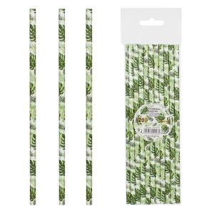 Хартиени сламки - прави - бели - зелени тропически листа - 6 x 194 мм - 20 бр.