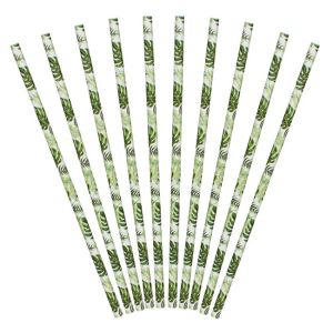 Хартиени сламки - прави - бели - зелени тропически листа - 6 x 194 мм - 20 бр.