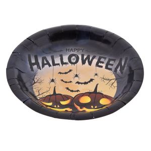 Хелоуин парти чинии - черни с тикви и прилепи "Happy Halloween" 18см - 6 бр.