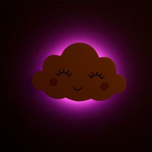 LED Светещ детски дървен облак - Розов -  22 x 16.5 см.