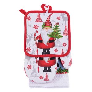 Коледен комплект ръкохватки и кърпа - Дядо Коледа - 100% полиестер