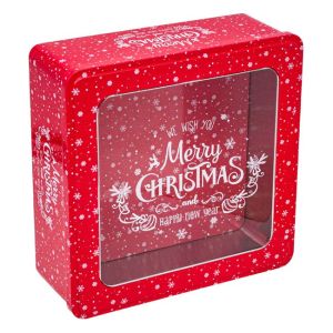 Метална коледна кутия с прозовец и надпис "Merry Christmas" - 21 x 21 x 8.5 cm.