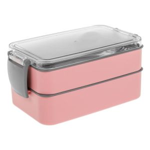 Двойна кутия за съхранение на храна с Вилица и Лъжица - Розова - 16 x 10 x 9 см.