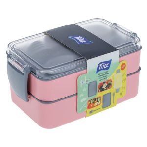 Двойна кутия за съхранение на храна с Вилица и Лъжица - Розова - 16 x 10 x 9 см.