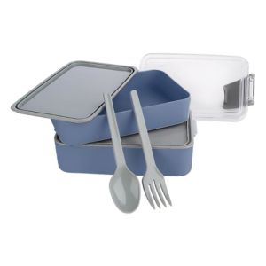 Двойна кутия за съхранение на храна с Вилица и Лъжица - Синя - 16 x 10 x 9 см.