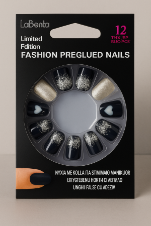 Изкуствени нокти - с лепило - черно и сребристо - 12 бр.
