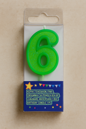 Свещ за торта - цифра 6 - зелена - брокат