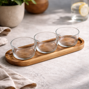 Комплект за разядки и ордьоври от дърво с 3 стъклени купички - 30 x 10 x 6 см.